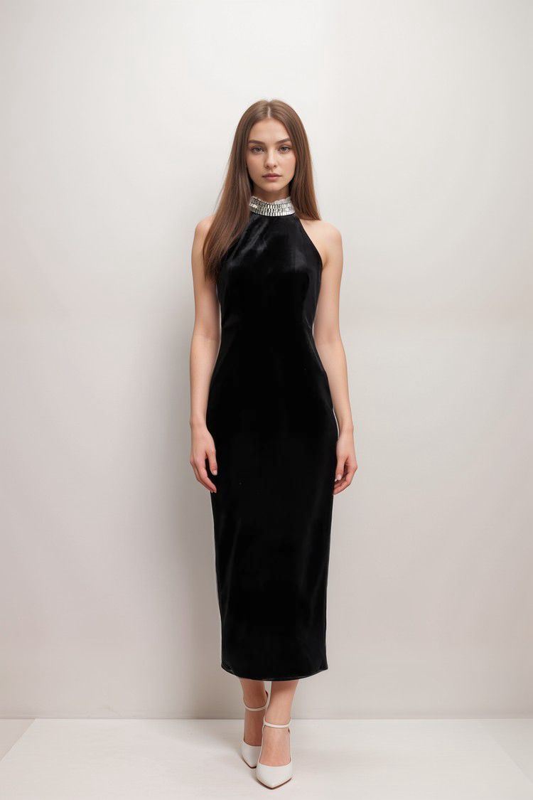 Caisa embellished turtle-neck black dress