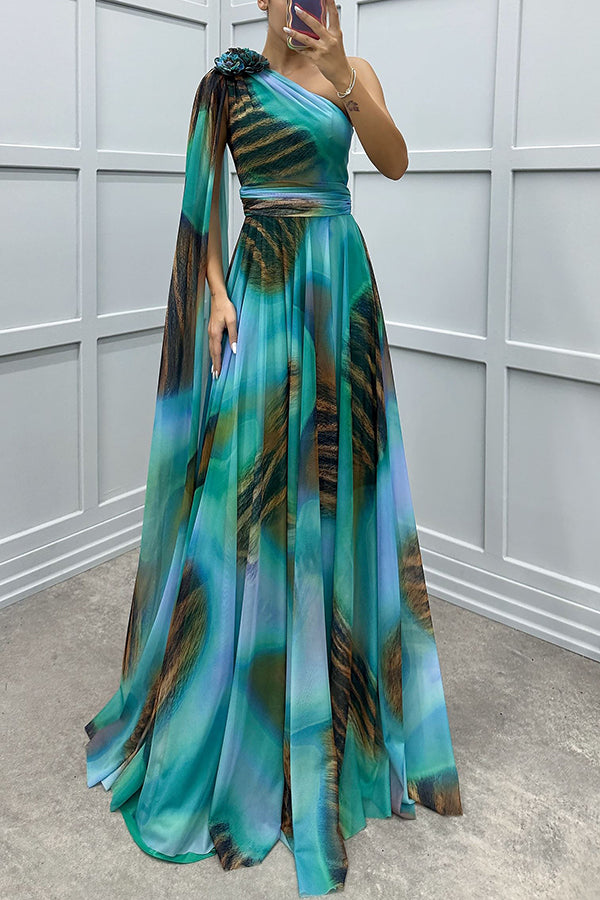 Print Floral Detail One Shoulder Draped Sleeve Gown Maxi Dress