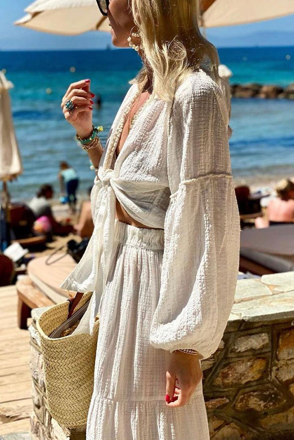 Front Tie Blouse and Elastic Waist Tiered Maxi Skirt Set