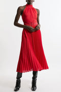 Georgette Belted Pleat Halter Woven Midi Dress