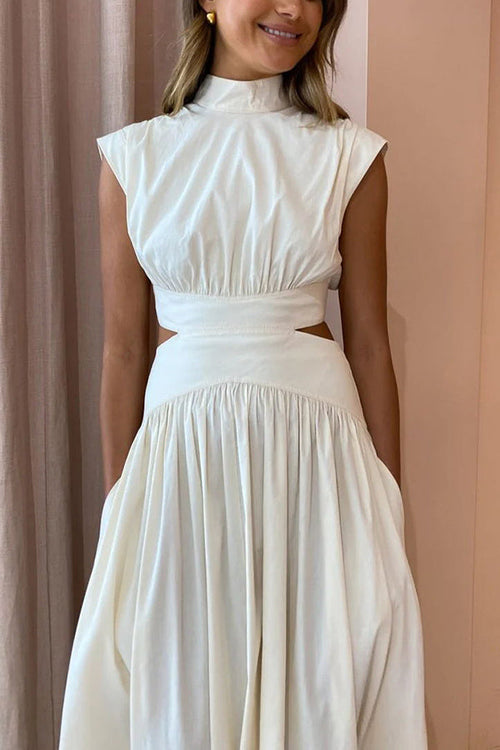 Cotton Blend Cutout Elastic Waist Pocketed Maxi Dress