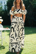 belinda Doodle Printed Off Shoulder Crop Top and Pocketed Cutout Maxi Skirt Set