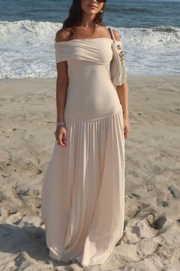 white Off-shoulder Slim Fit Pleated Maxi Dress