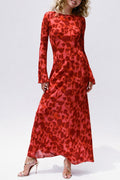 red Print Boat Neck Long Bell Sleeve Bias Cut Maxi Dress
