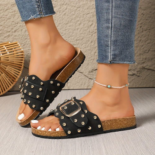 Black Rivet Slide Sandals
