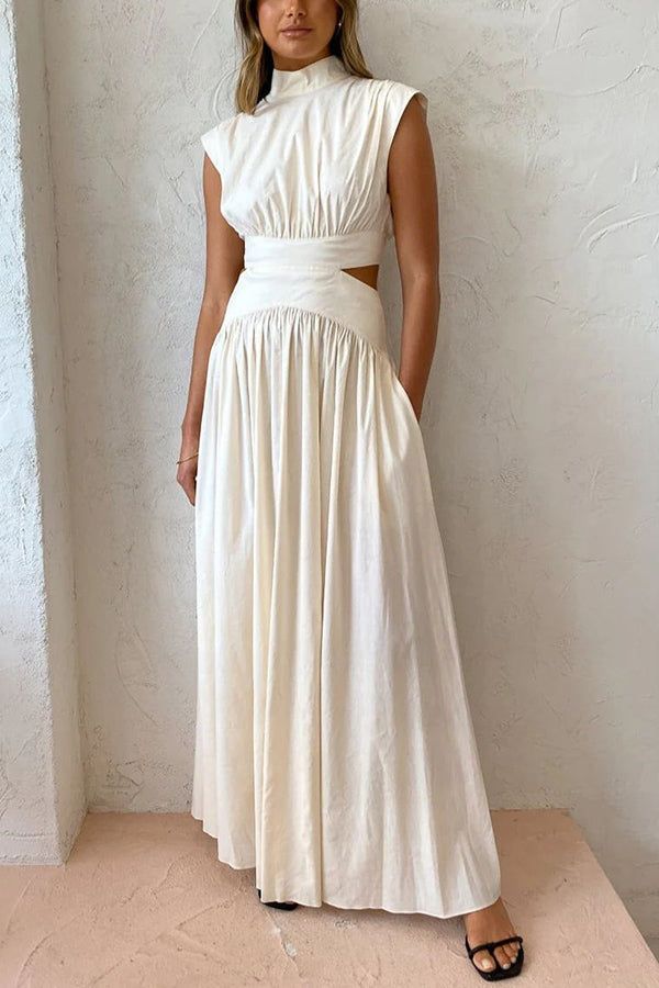 Cotton Blend Cutout Elastic Waist Pocketed Maxi Dress