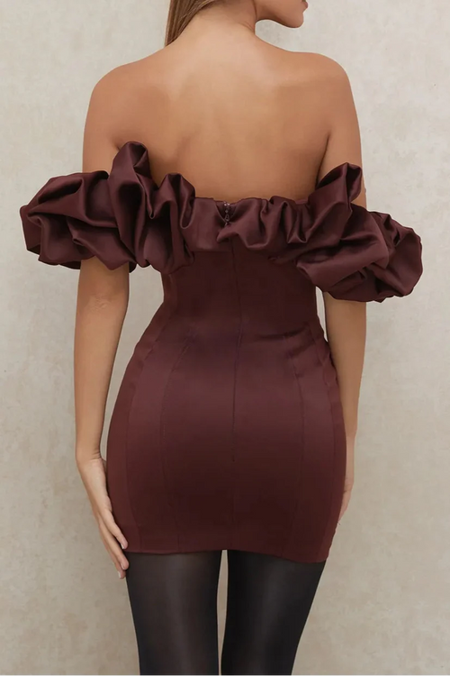 burgundy satin ruffle strapless mini dress