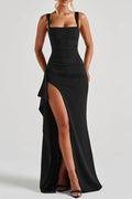 pleated high slit Stretch crepe maxi dress in black