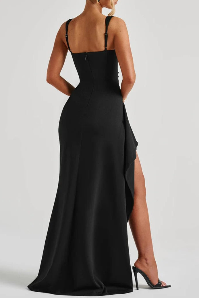 pleated high slit Stretch crepe maxi dress in black