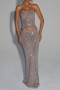 mirabelle sequin tube top maxi skirt suit in silver