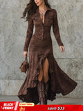 Retro Brown Irregular Ruffle Lapel Long Dress