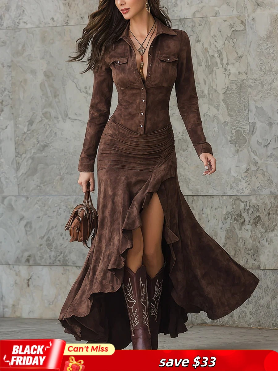 Retro Brown Irregular Ruffle Lapel Long Dress