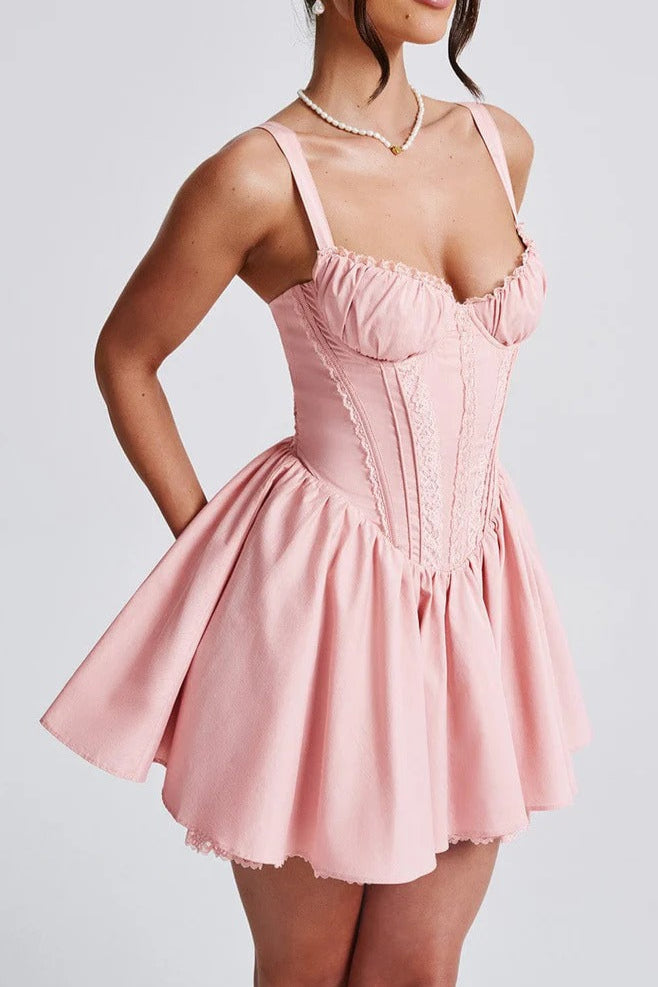 lace ruffle trim corset mini dress in pink