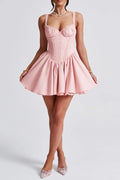 lace ruffle trim corset mini dress in pink