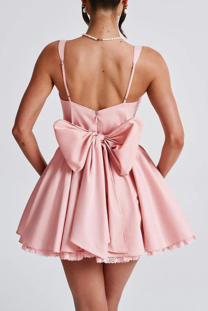 lace ruffle trim corset mini dress in pink