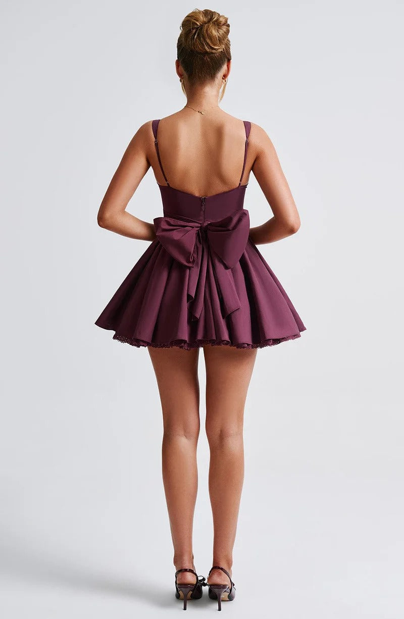 lace ruffle trim corset mini dress in purple