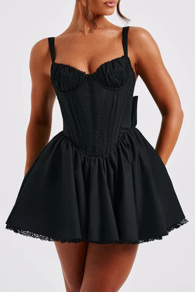 lace ruffle trim corset mini dress in black