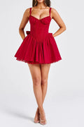 lace ruffle trim corset mini dress in red