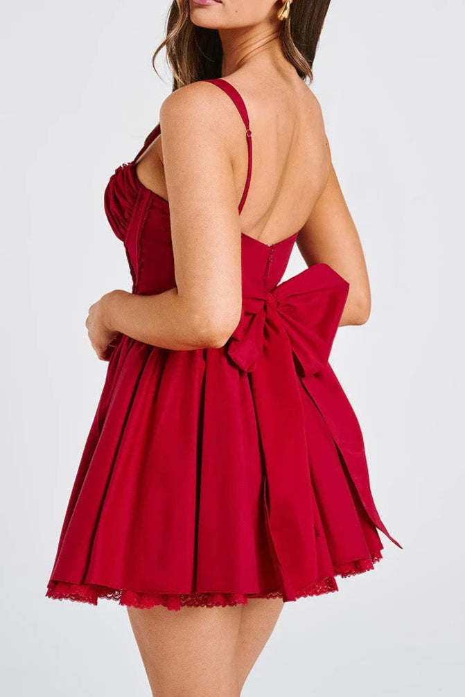 lace ruffle trim corset mini dress in red