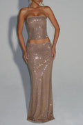 mirabelle sequin tube top maxi skirt suit in gold