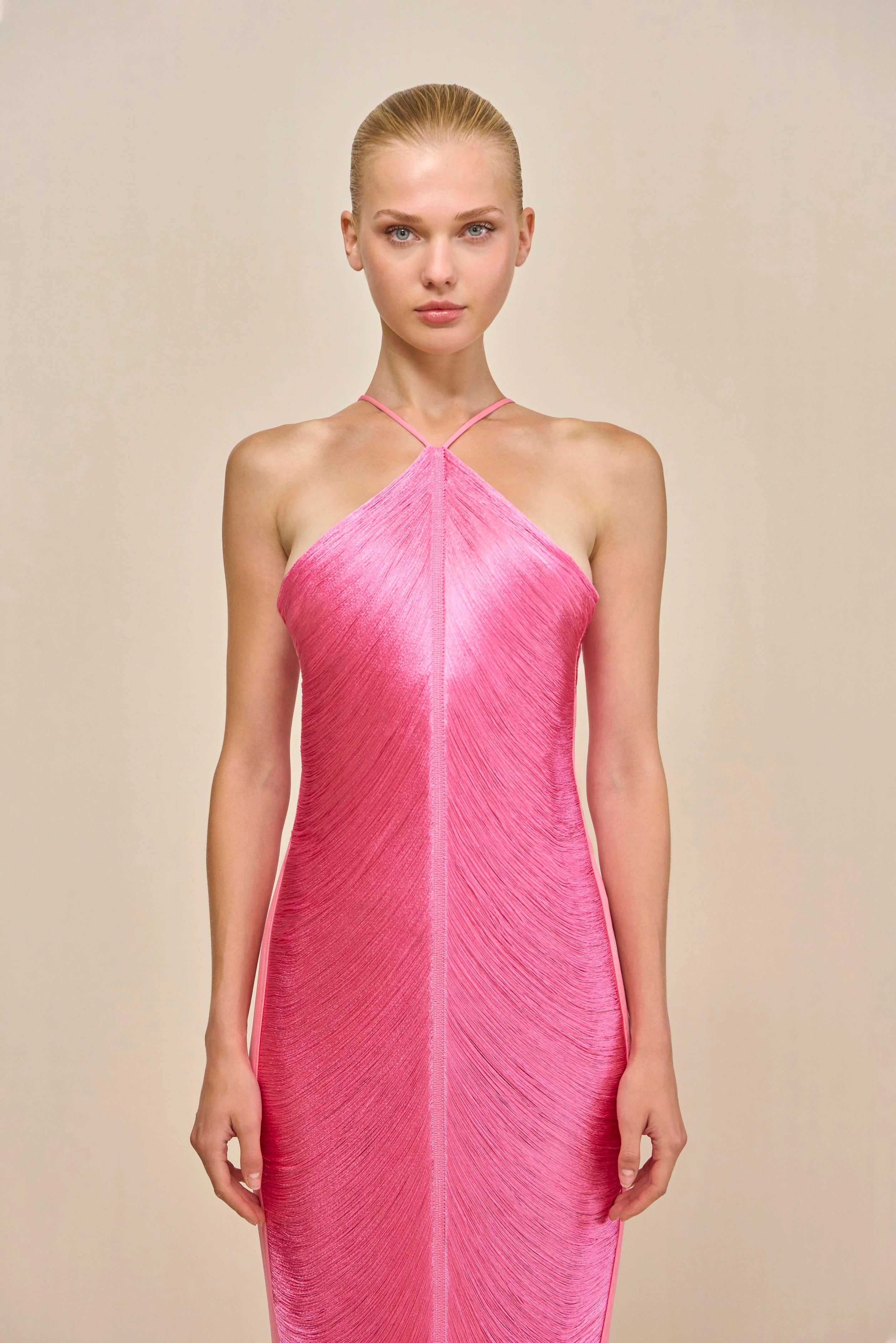 tassel rear slit halterneck dress