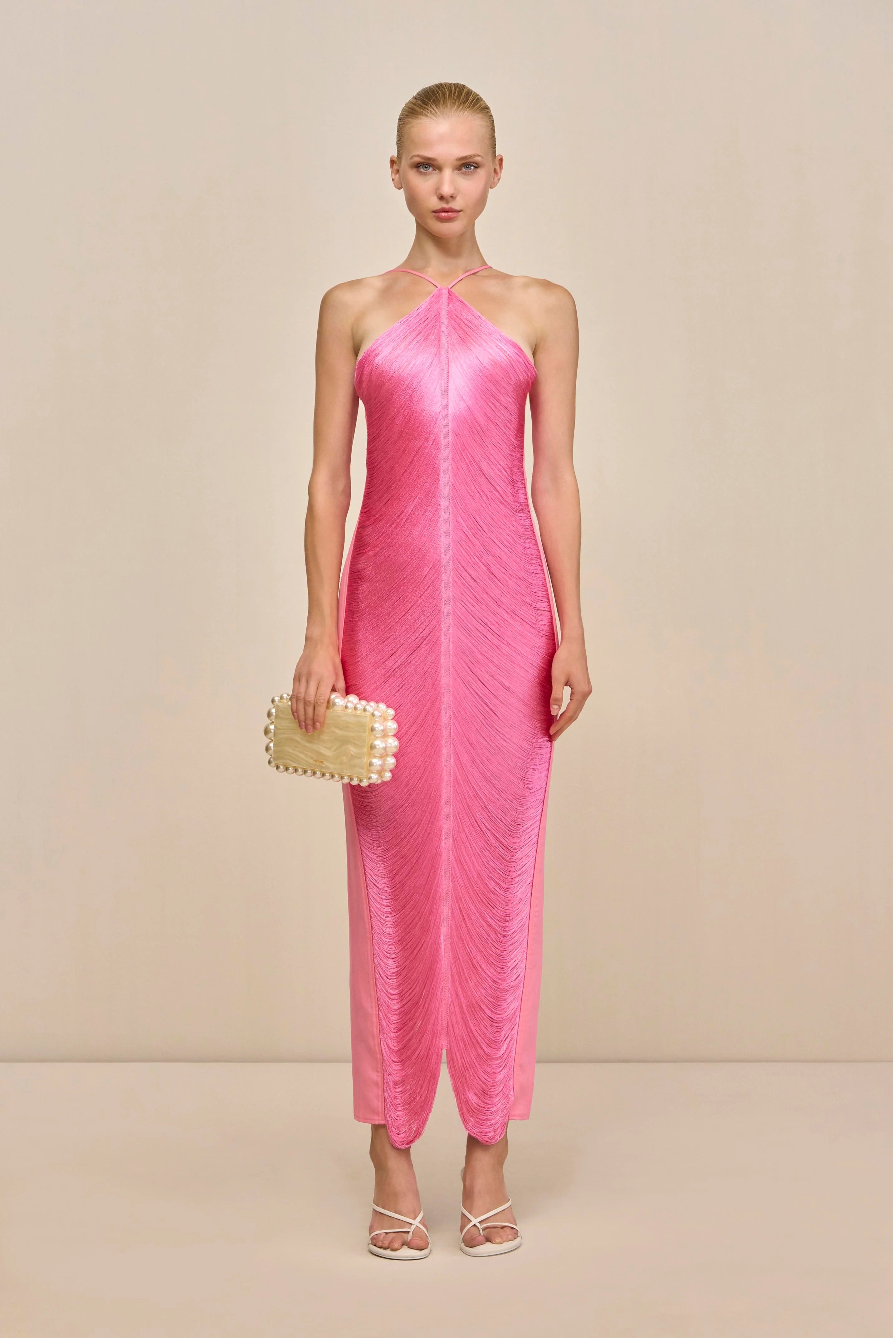 tassel rear slit halterneck dress