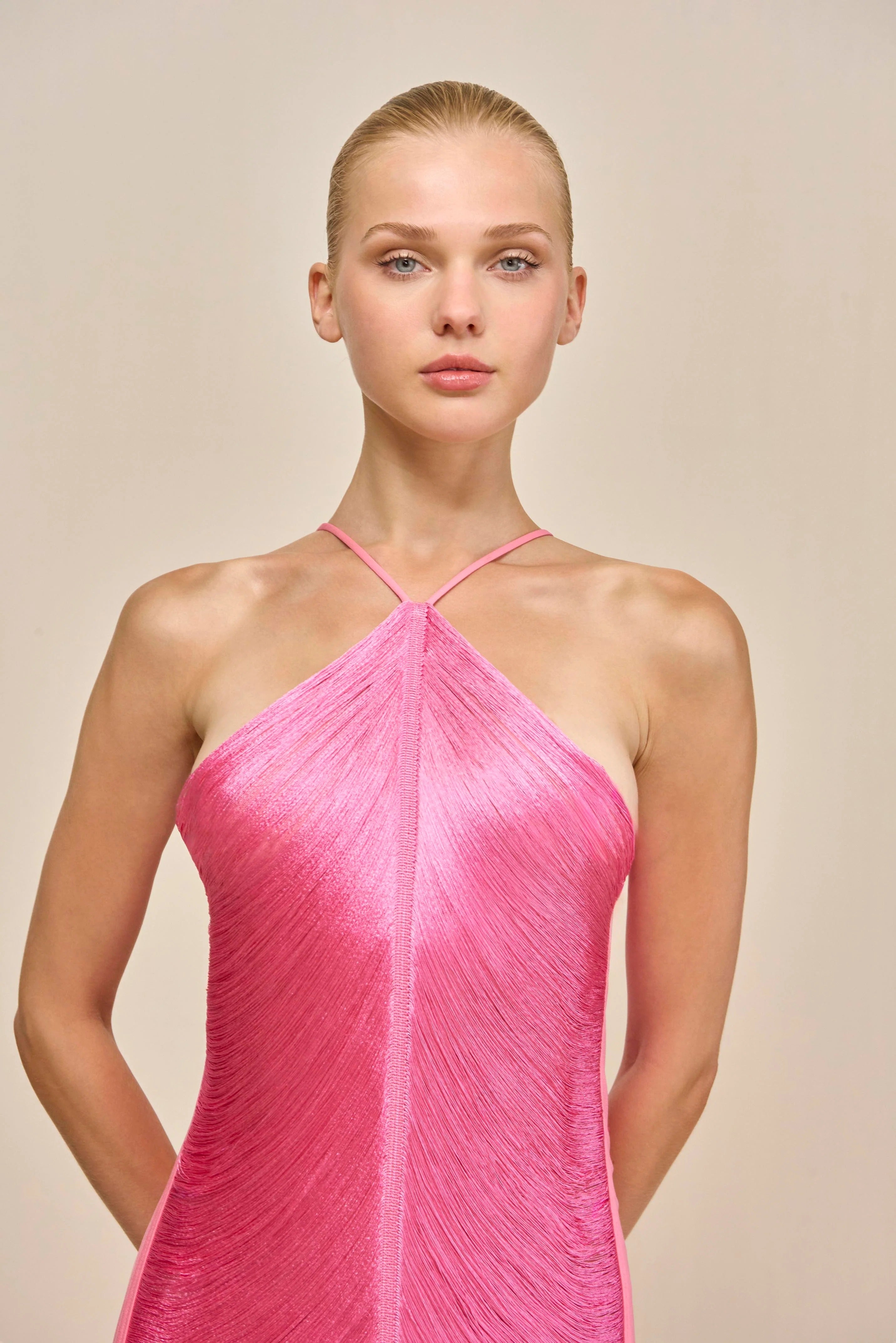 tassel rear slit halterneck dress