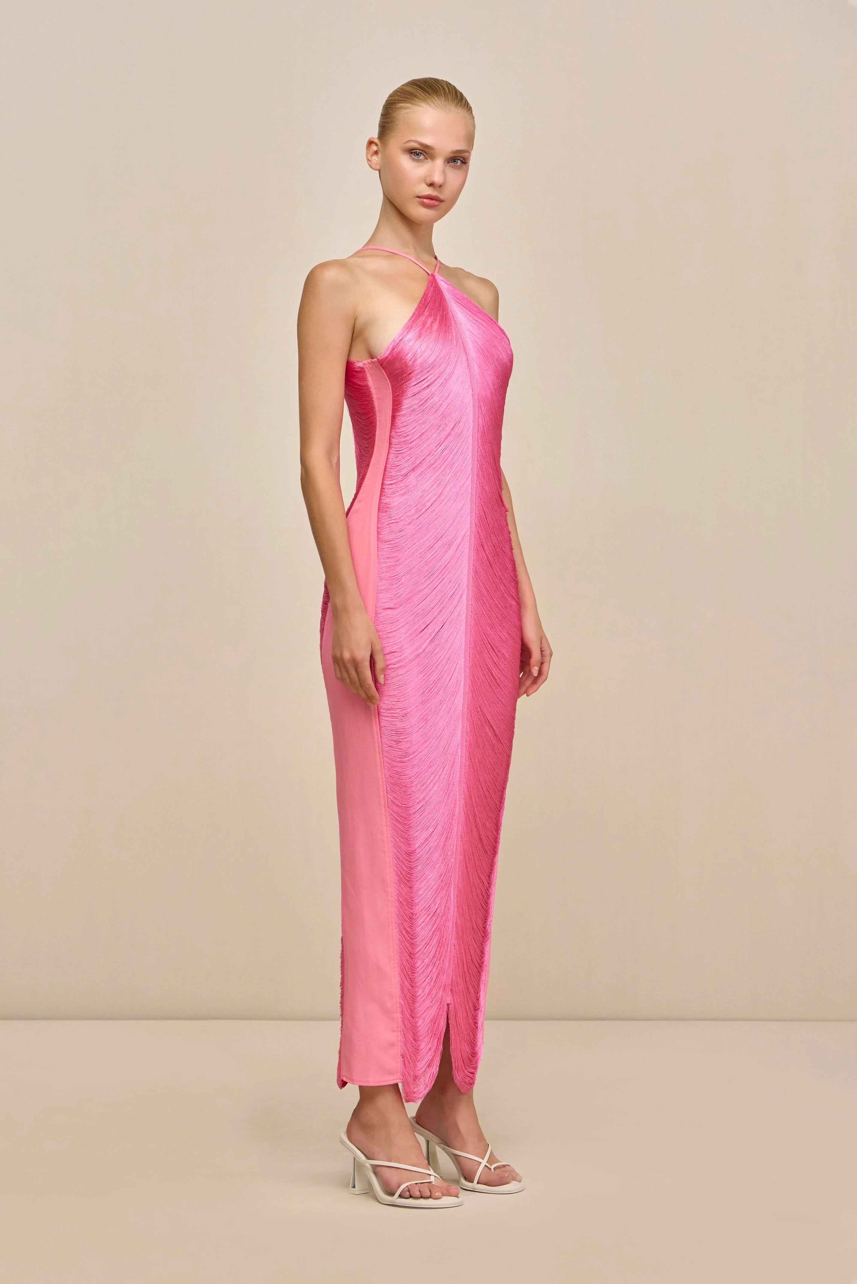 tassel rear slit halterneck dress