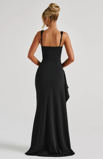 pleated high slit Stretch crepe maxi dress in black