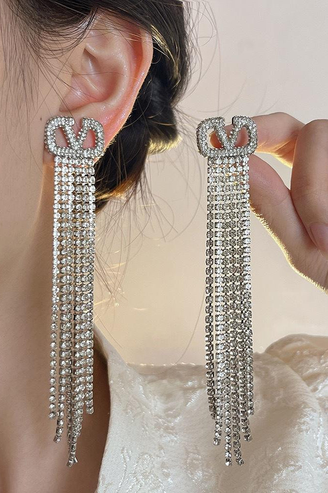 V Letter Full Diamond Tassel Earrings
