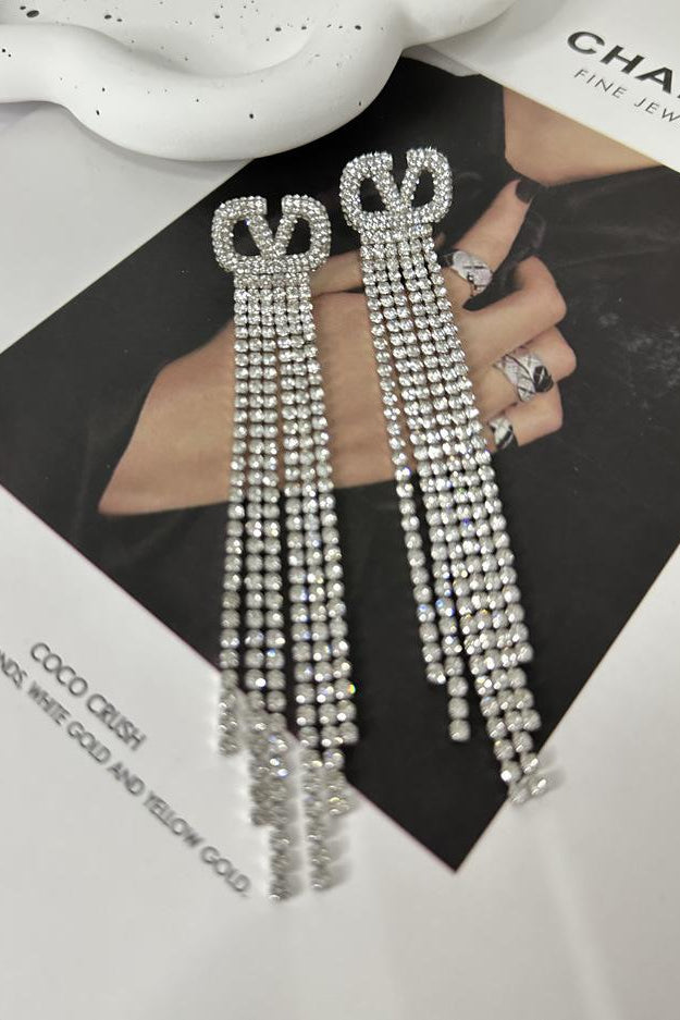 V Letter Full Diamond Tassel Earrings