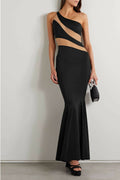 Snake One-Shoulder Mesh-Paneled Stretch-Jersey Gown