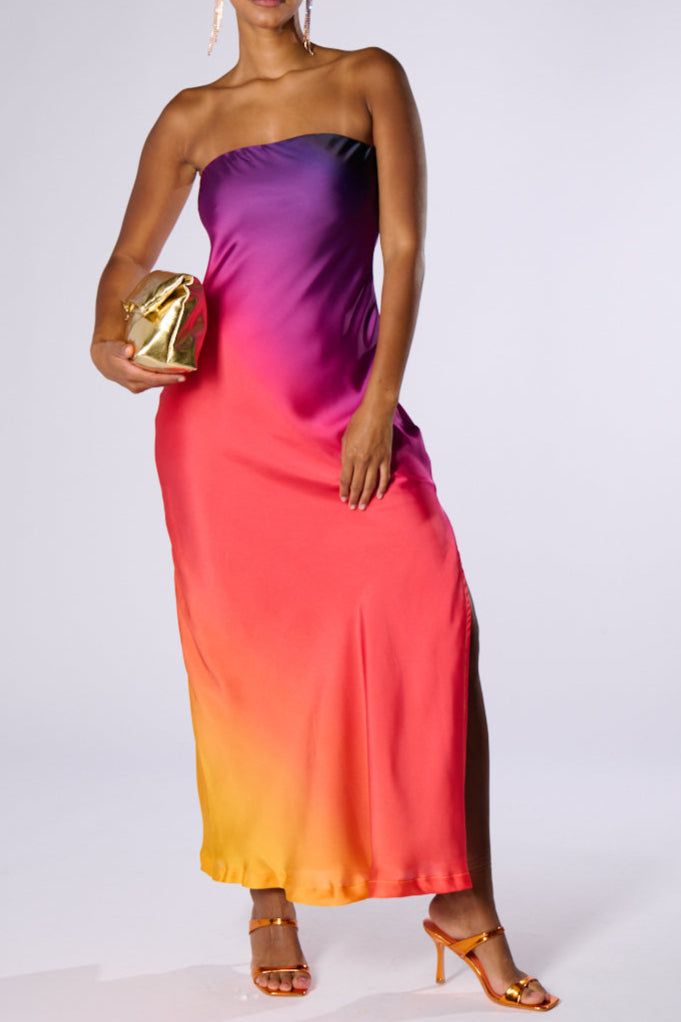 SATIN STRAPLESS MAXI DRESS