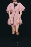 Pink Chiffon Mini Dress - Layered Ruffle Trim Shirt Dress