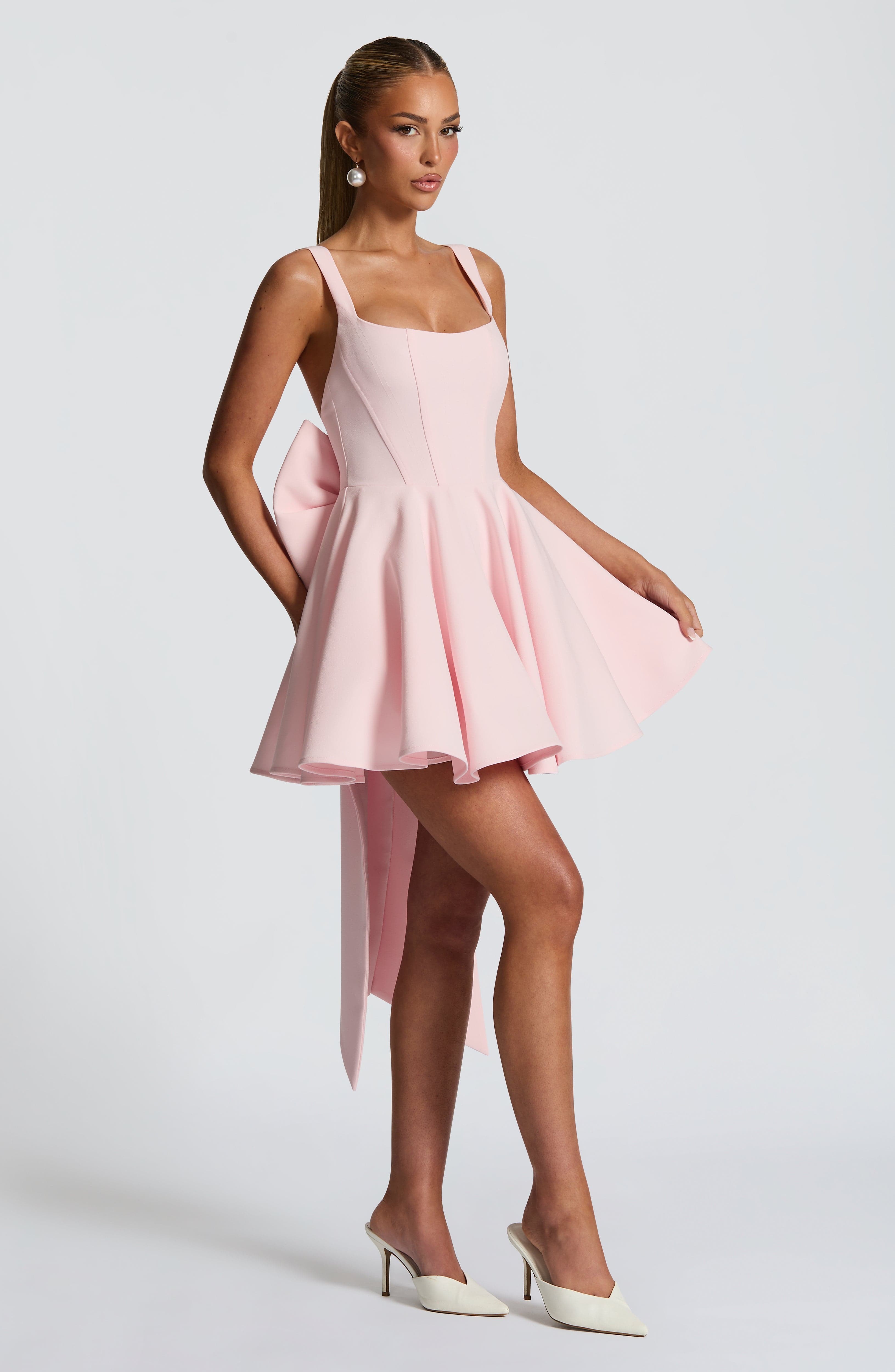 kristin back bow embellished Mini Dress in Blush