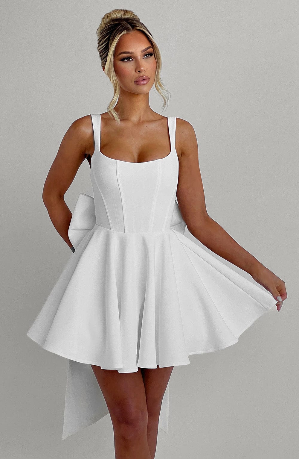 kristin back bow embellished Mini Dress in Ivory